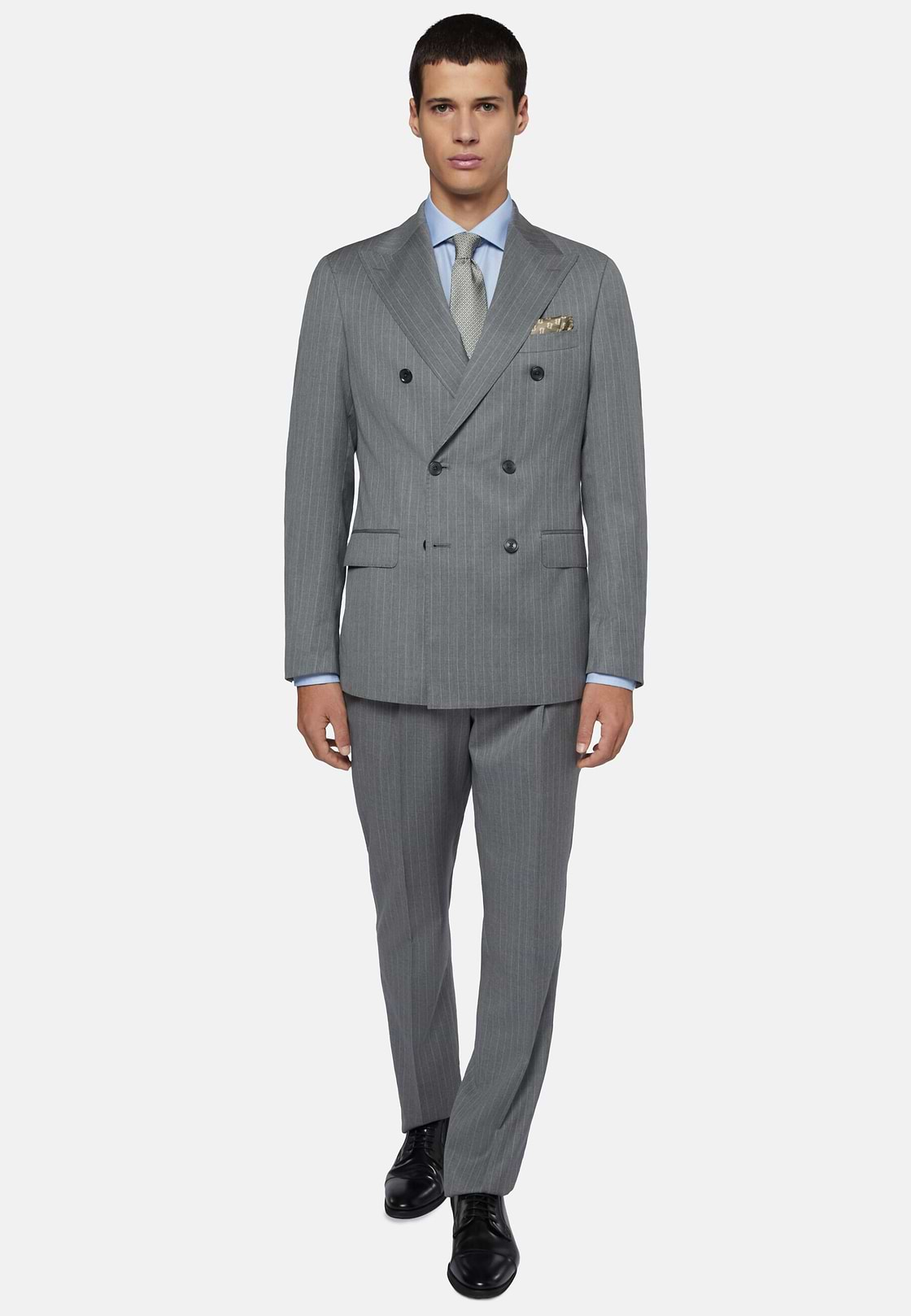 Double-Breasted Grey Pinstripe Suit In Pure Wool, Grey, hi-res