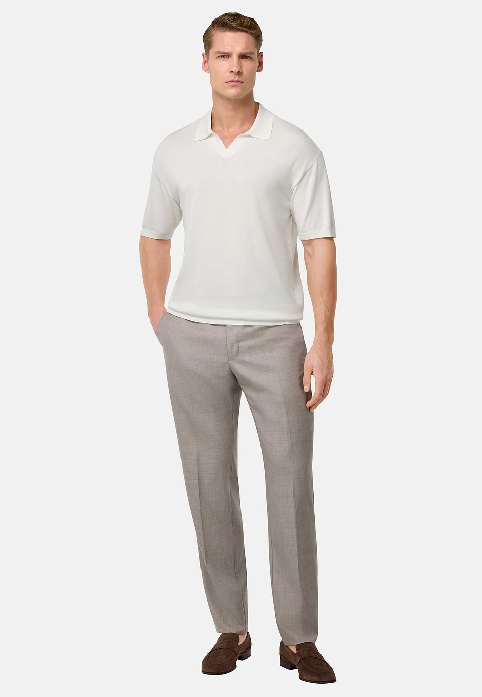 Cotton and Silk Knitted Polo Shirt, White, hi-res