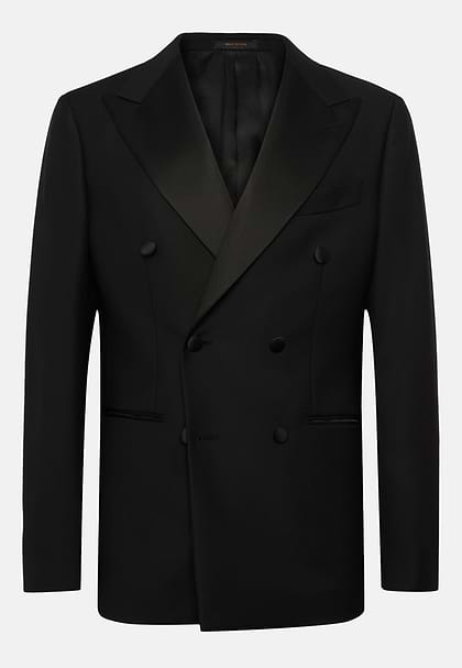 Doppelreihige Smokingjacke Aus Stretch-Wolle mit Spitzrevers., Schwarz, hi-res