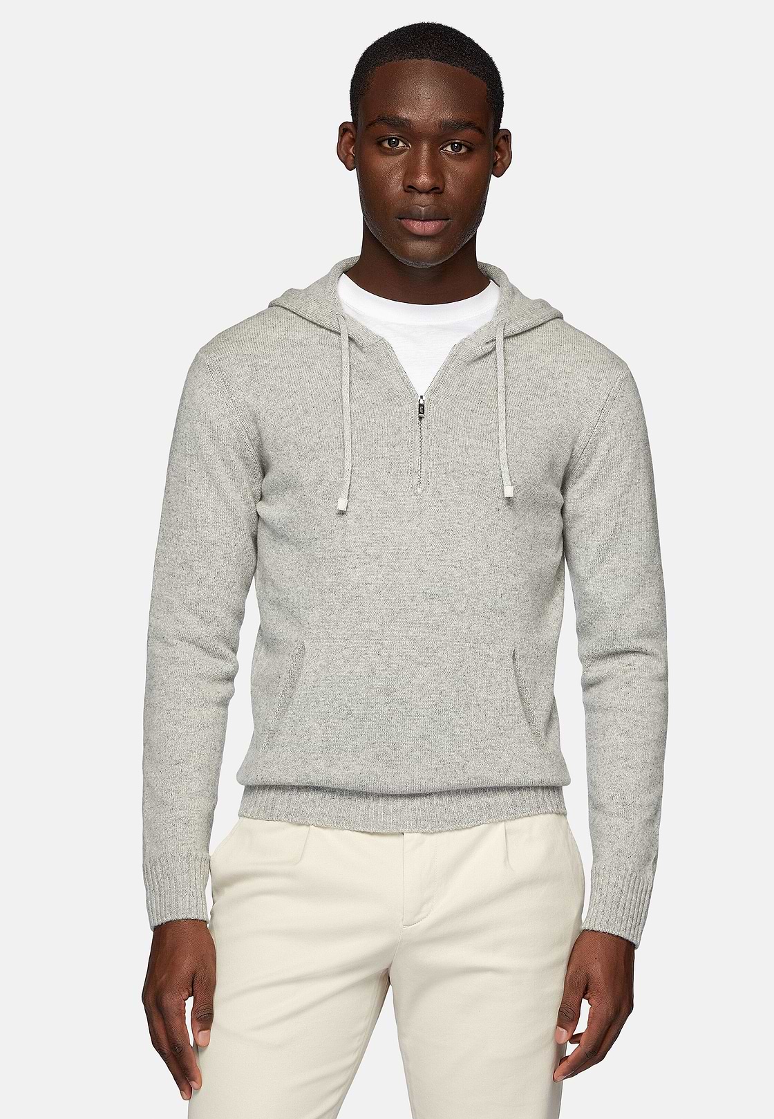 Grey Half Zip Hooded Jumper In Cashmere, Grey, hi-res