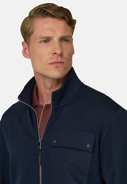 Felpa Full Zip in Misto Cotone Scuba B Tech, Navy, hi-res