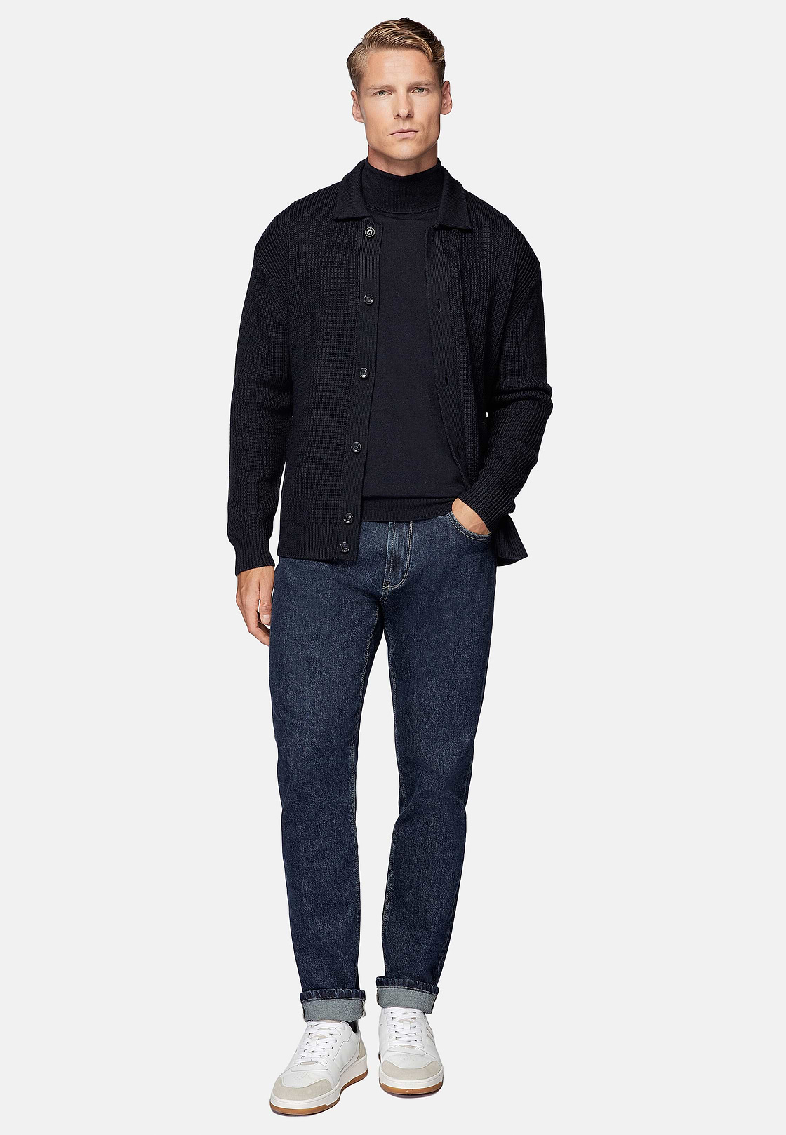Cárdigan Azul Marino Cuello Camisero De Lana Merina, Azul  Marino, hi-res