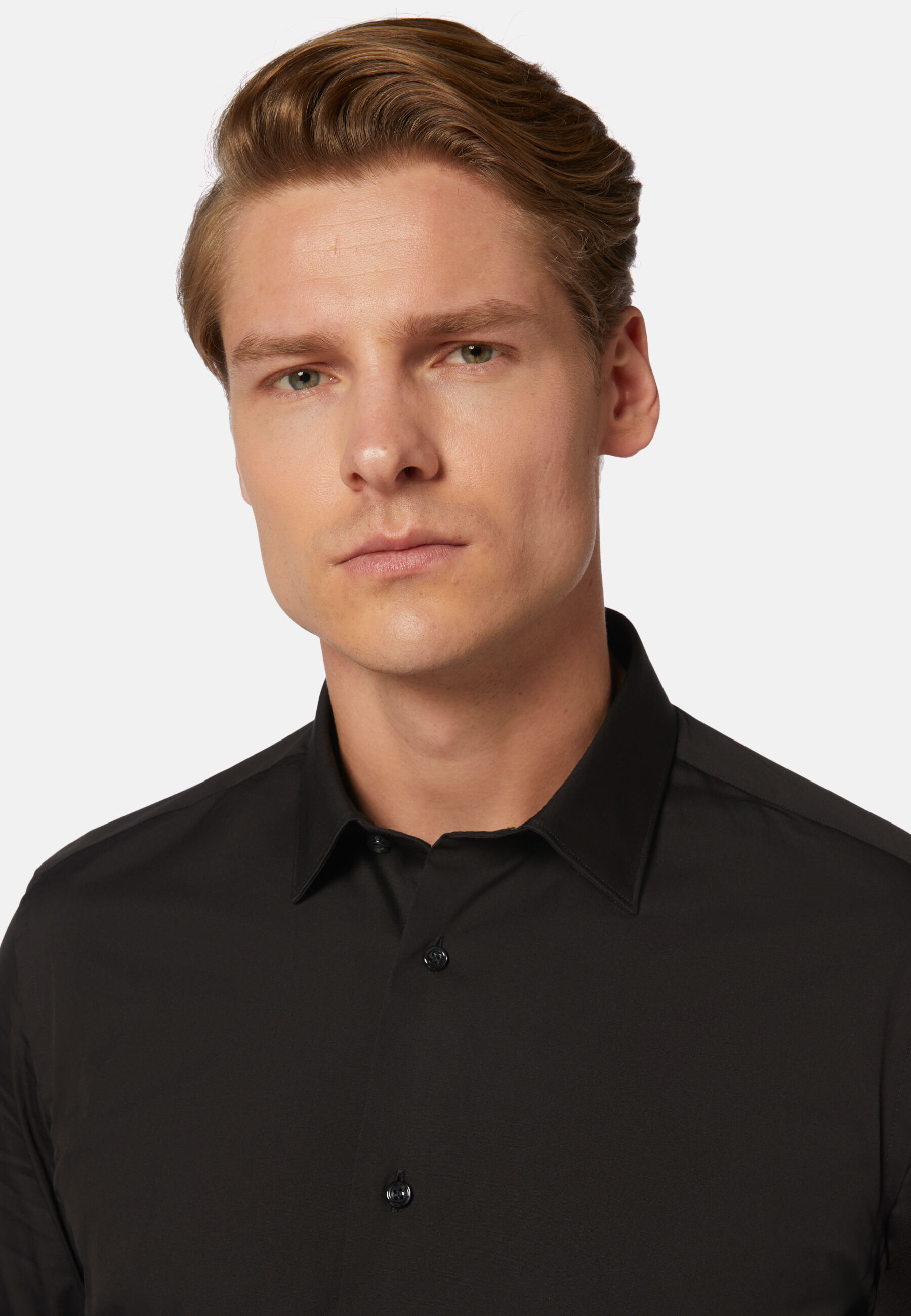 Slim Fit Black Shirt in Stretch Cotton, Black, hi-res