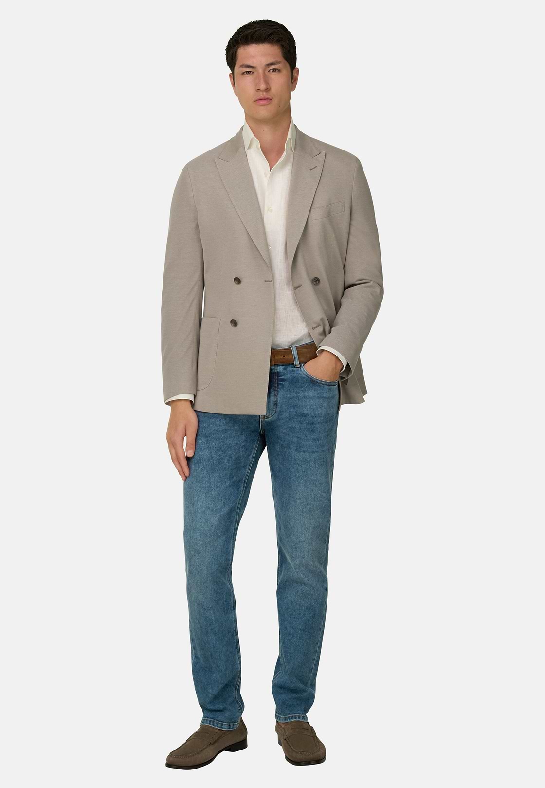 BROOKLYN | Micro Textured Double-Breasted Jacket in Pure Cotton, Taupe, hi-res, 2