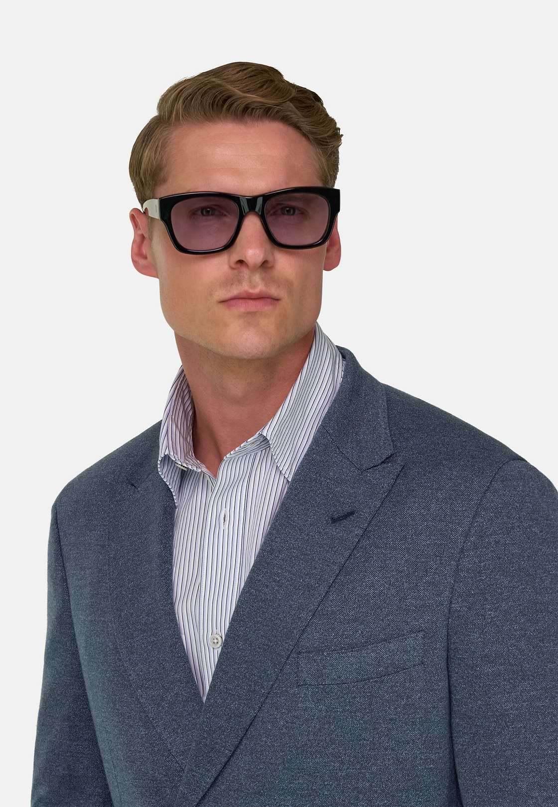 BROOKLYN | Double-Breasted Micro Patterned Blazer in Cotton and Wool, Indigo, hi-res, 3