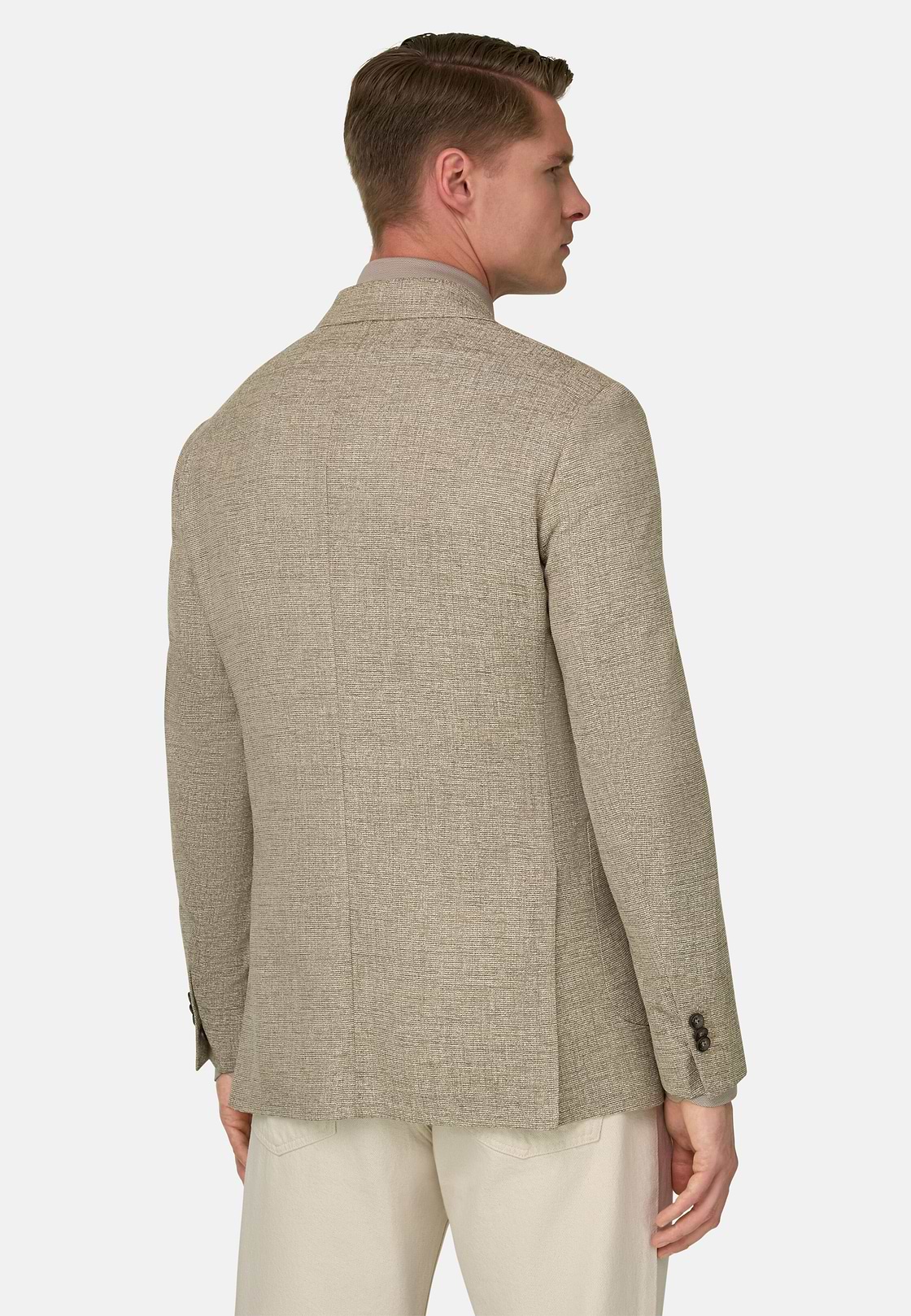 Micro Textured Jacket in Wool and Silk, Beige, hi-res, 3