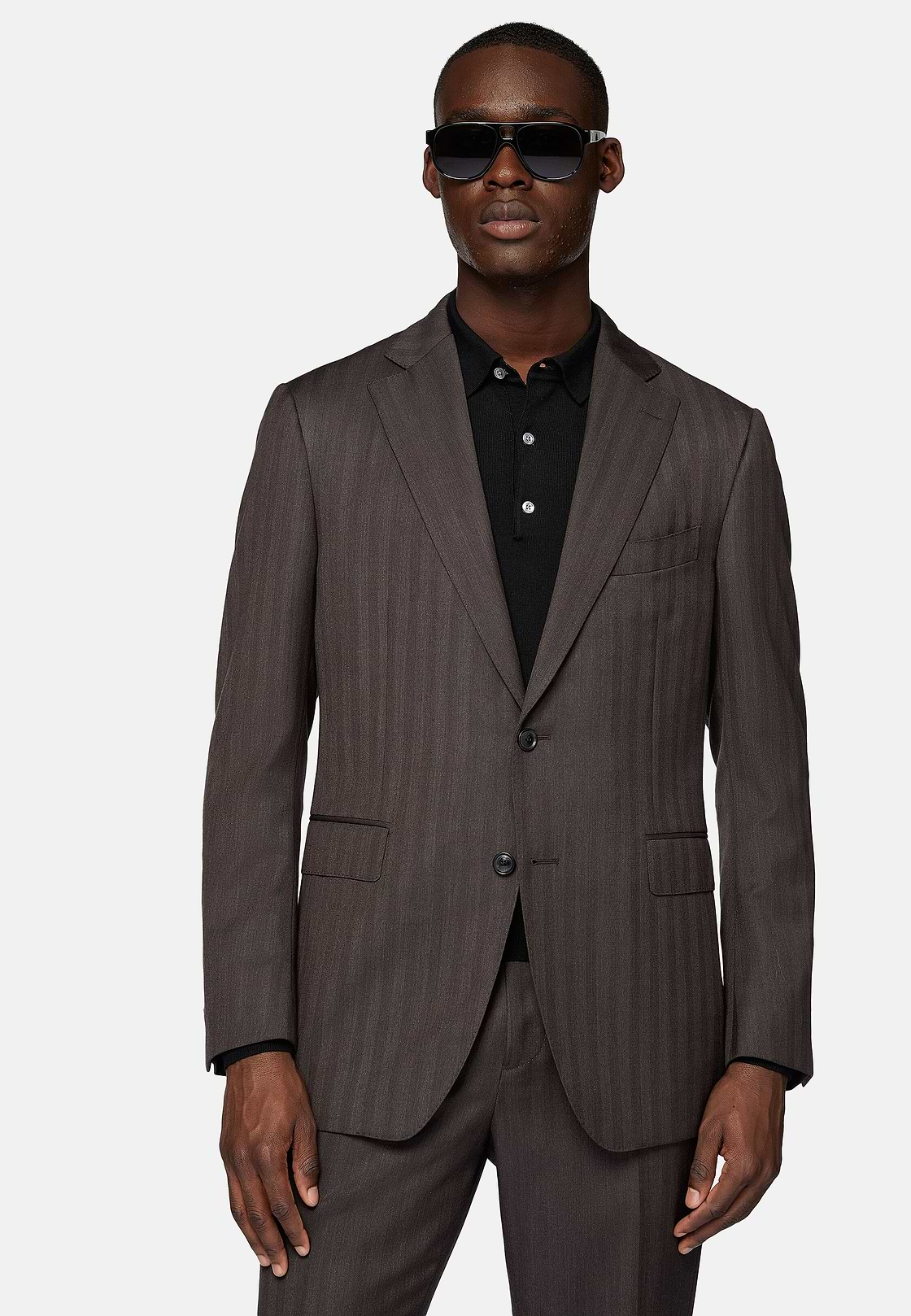 Dark Brown Herringbone Suit In Pure Super 130 Wool, Brown, hi-res