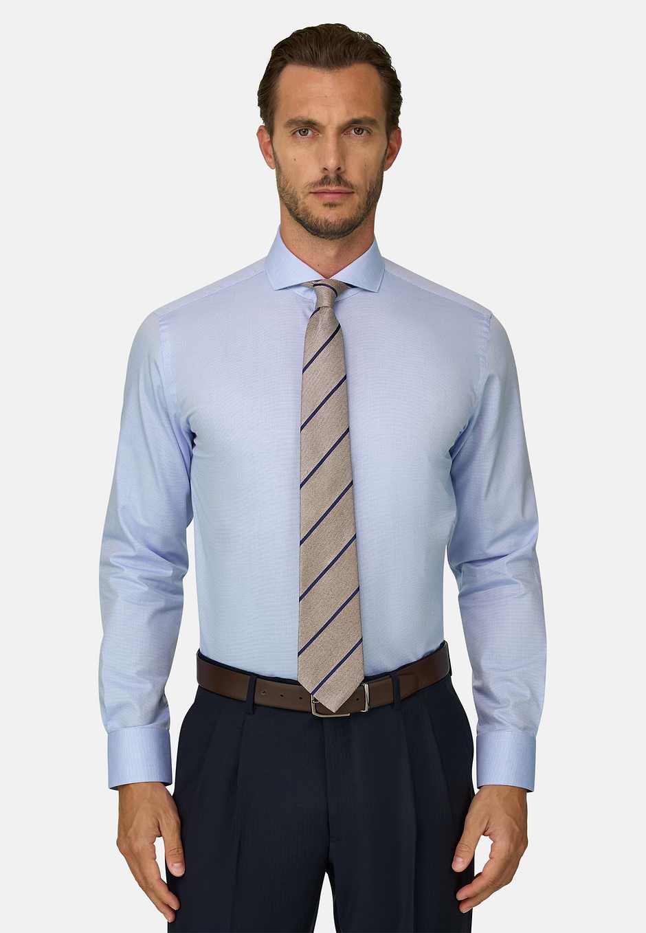 Camicia A Fantasia In Cotone Slim Fit, Azzurro, hi-res