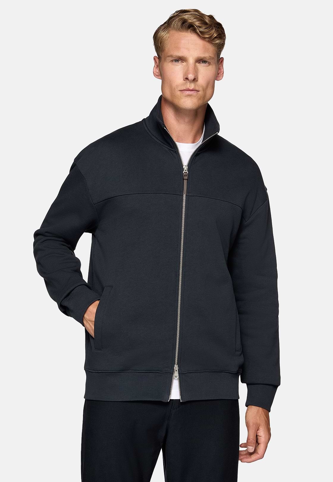 Felpa Full Zip Con Collo a Lupetto in Cotone, Navy, hi-res