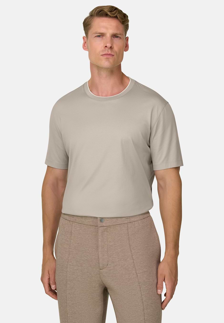 T-Shirt in Cotton and Silk Jersey, Beige, hi-res