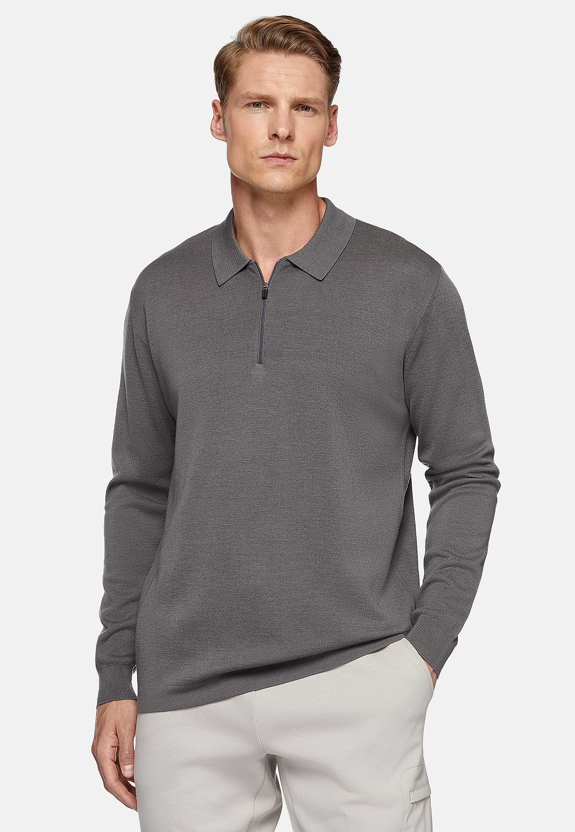 Dark Grey Merino Wool Tech Polo Shirt, Dark Grey, hi-res