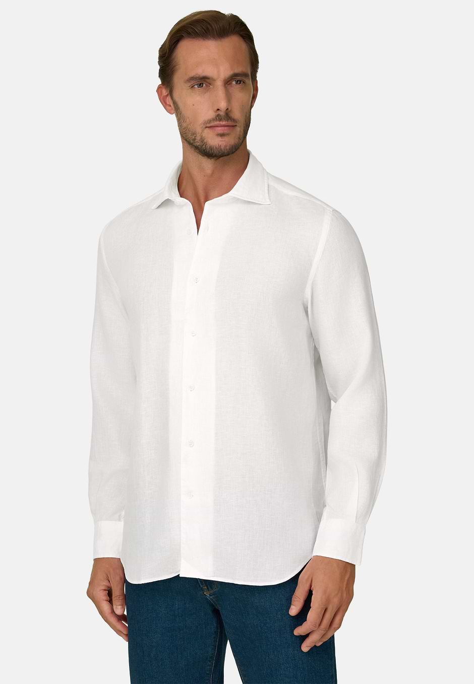 Camisa Celeste de Lino Regular Fit, Blanco, hi-res