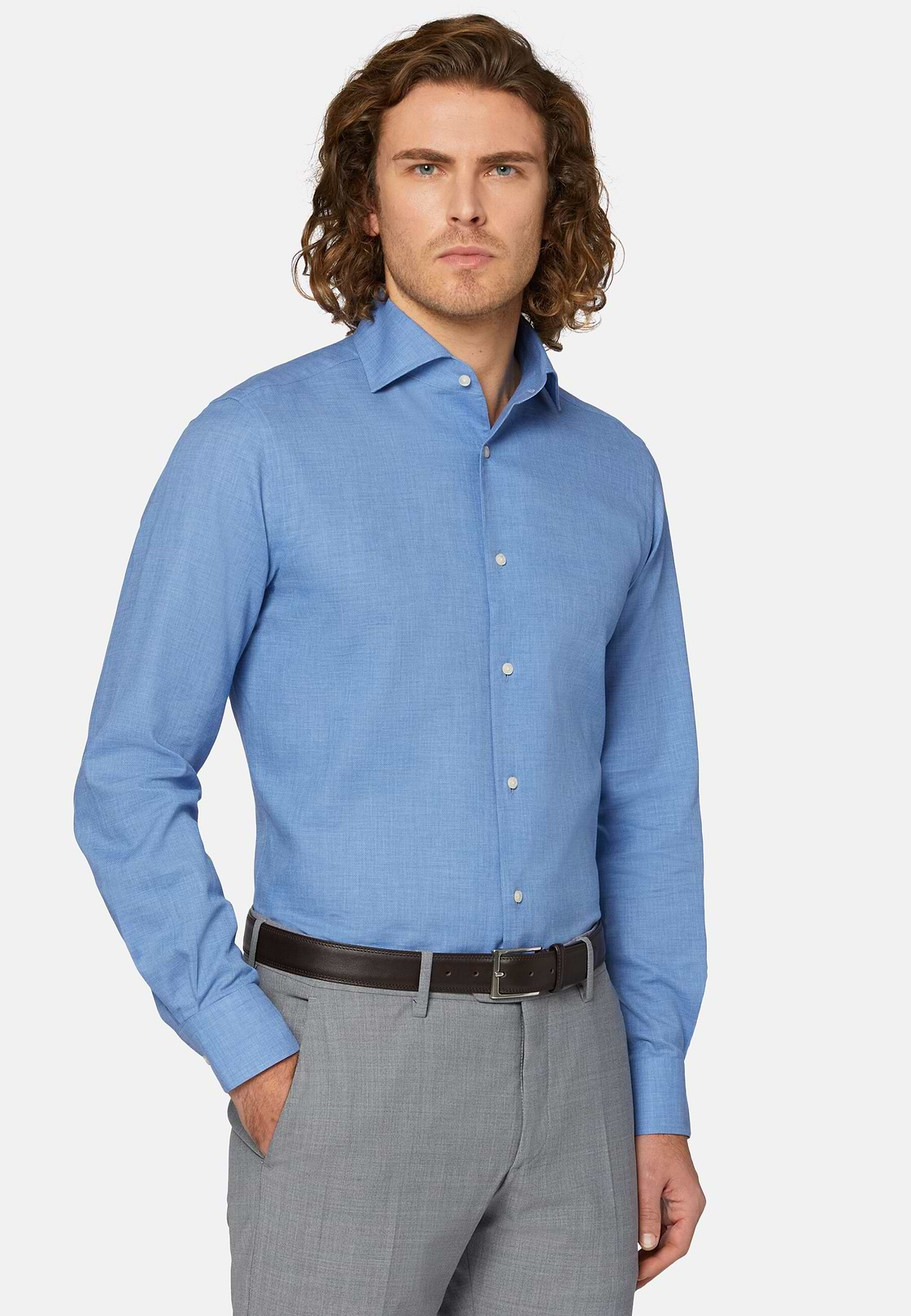 Chemise Bleue En Coton Dobby Coupe Droite, Bleu, hi-res