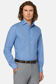 Chemise Bleue En Coton Dobby Coupe Droite, Bleu, hi-res