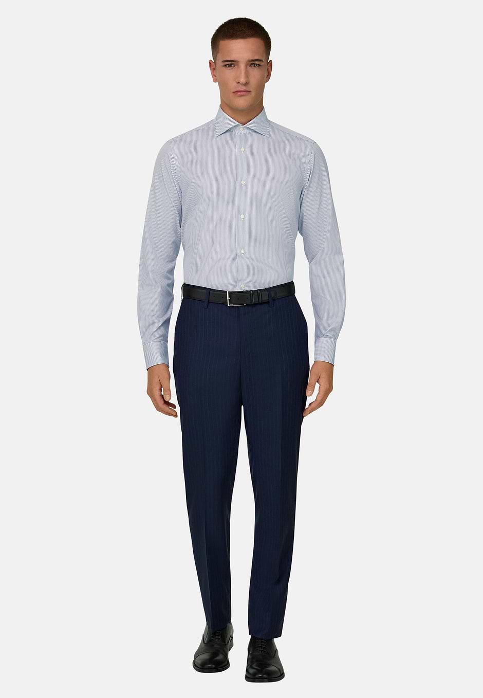 Camicia A Righe Di Cotone Slim Fit, Blu Scuro, hi-res