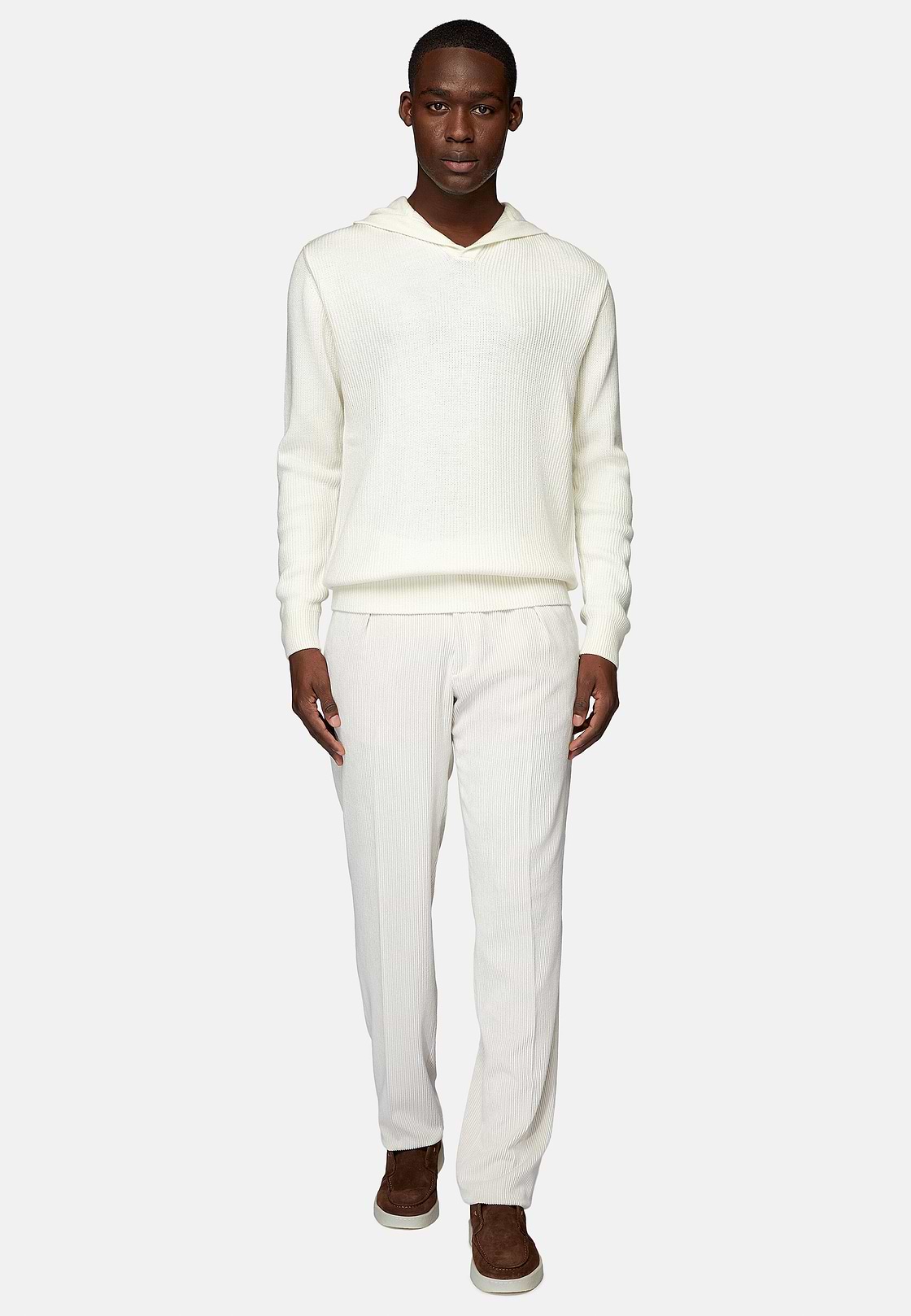 Weißer Pullover Mit V-Ausschnitt und Kapuze Aus Merinowolle, Weiß, hi-res
