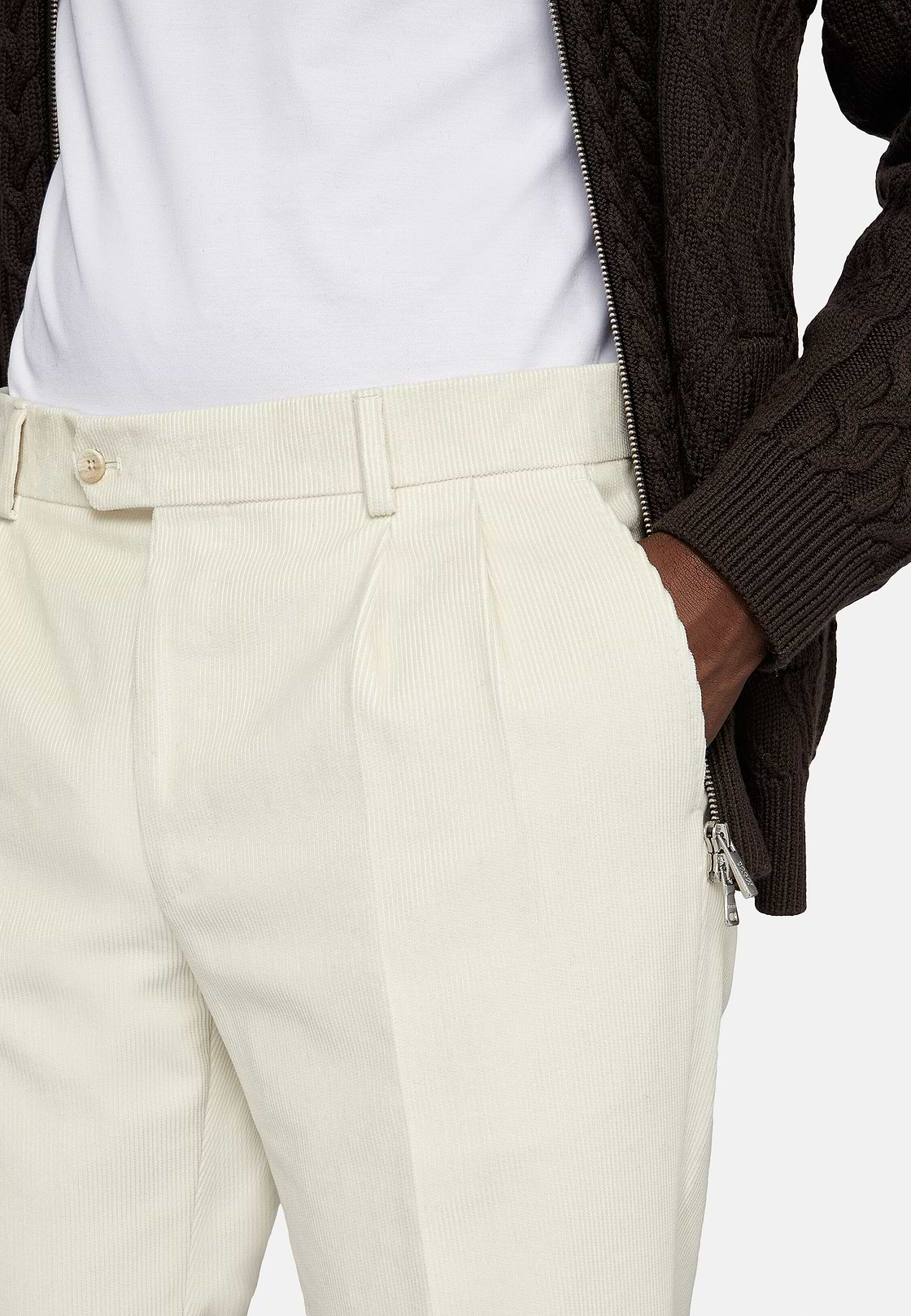 Cotton Velvet Trousers, Cream, hi-res