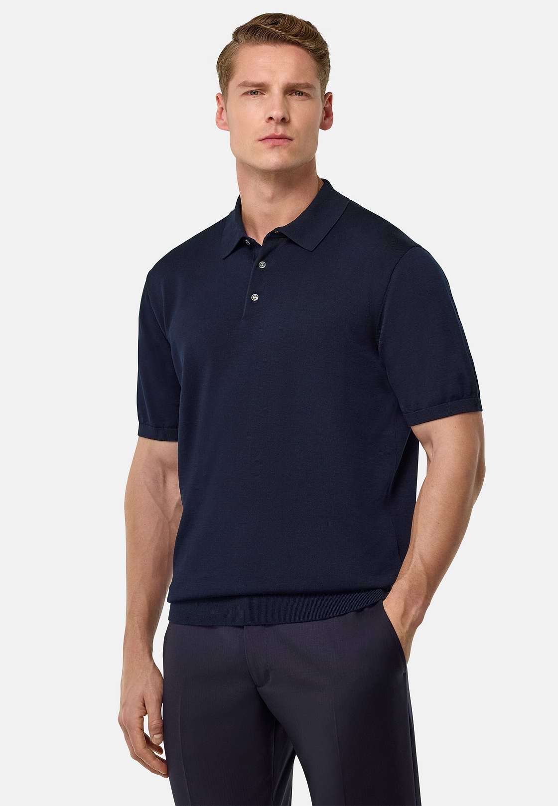 Polo En Maille De Coton Et Soie, bleu marine, hi-res