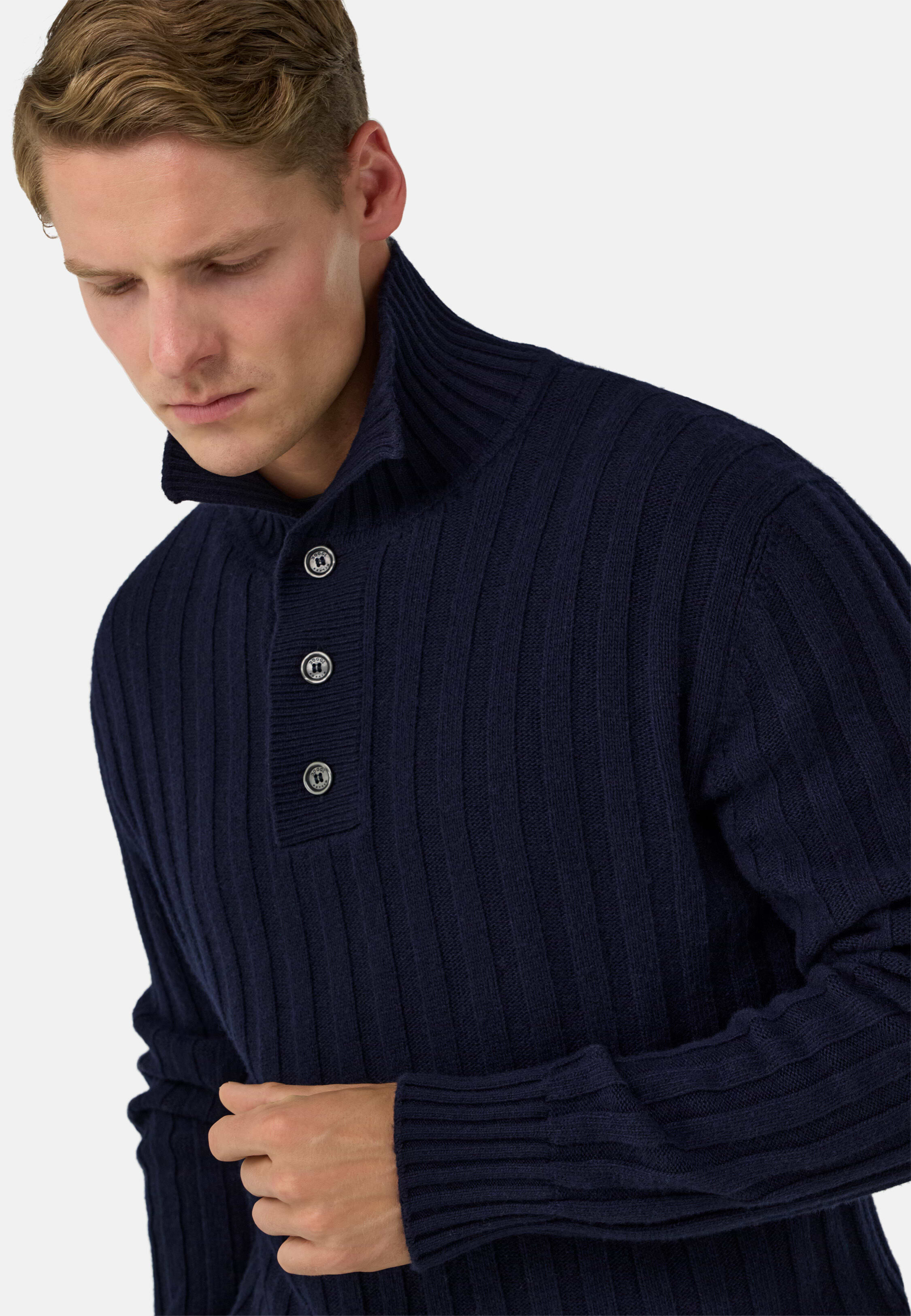 Men's Polo Neck Jumper in a Cashmere Blend, Navy blue | Boggi Milano