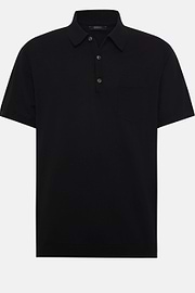 Black Cotton Crepe Knit Polo Shirt, Black, hi-res