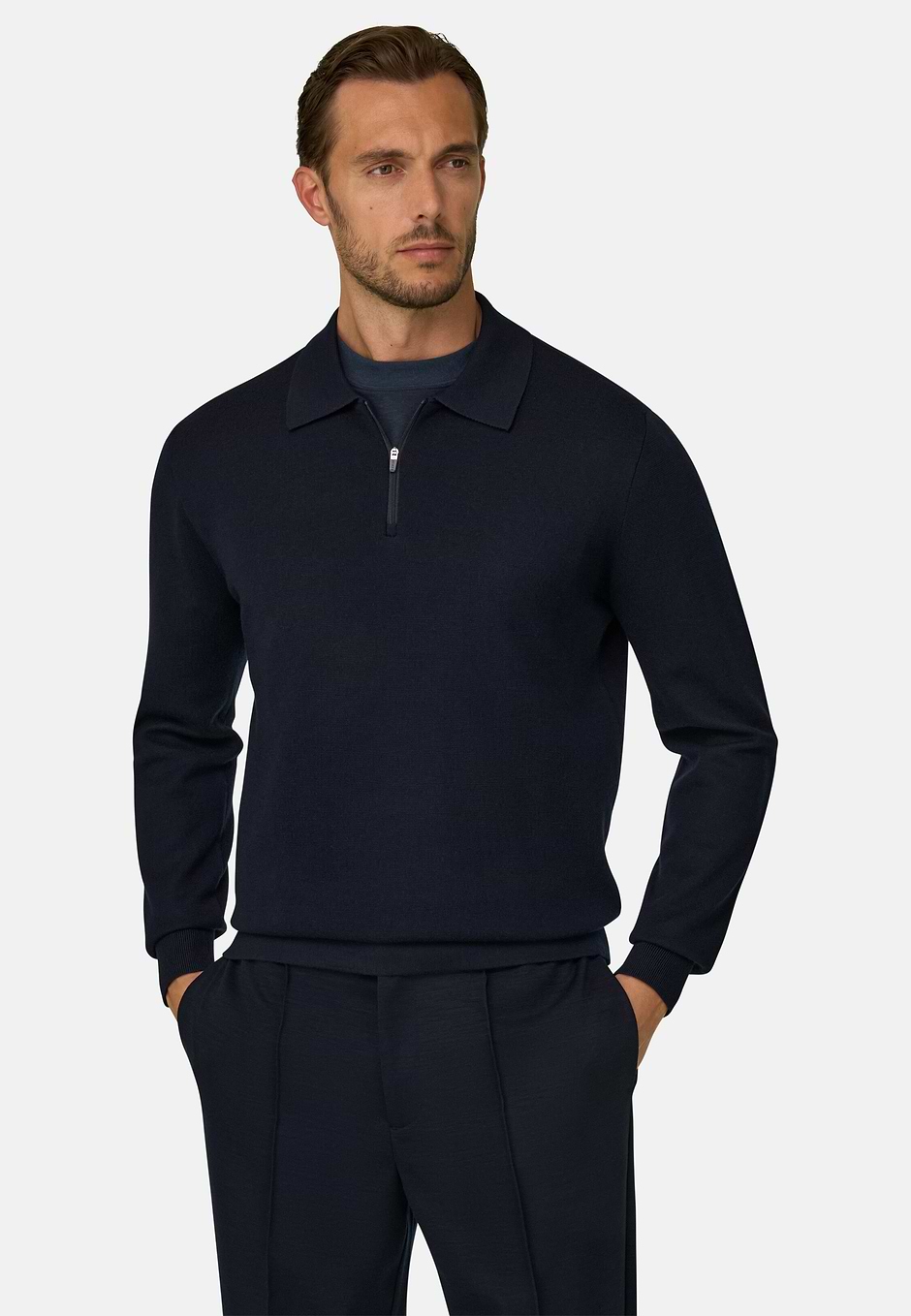 Polo en Maille Demi-zip Mixte Laine WOOLTECH, bleu marine, hi-res