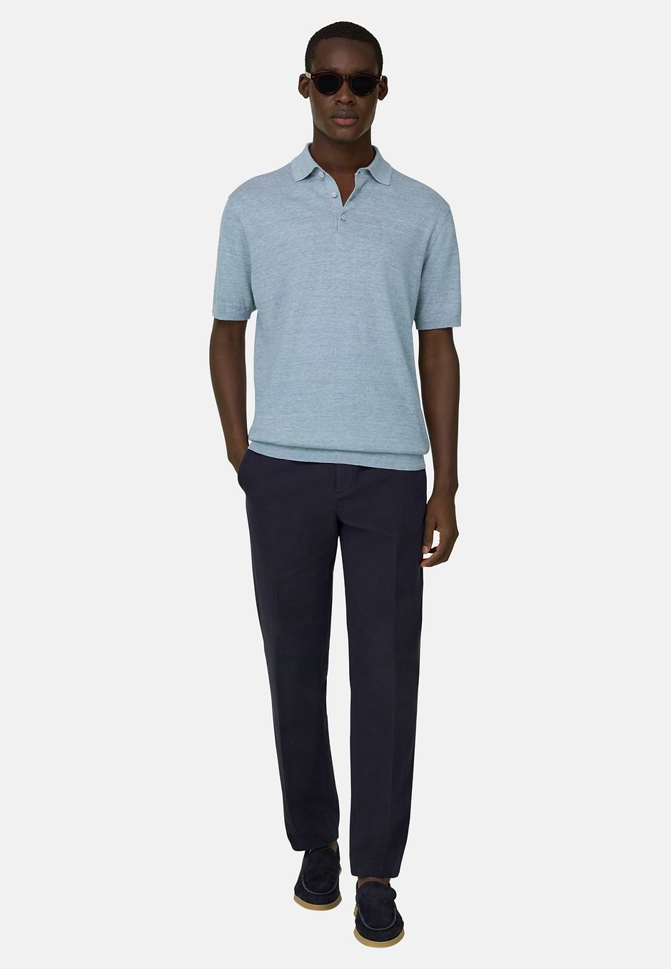 Polo de Punto de Lino Algodón, Azul claro, hi-res