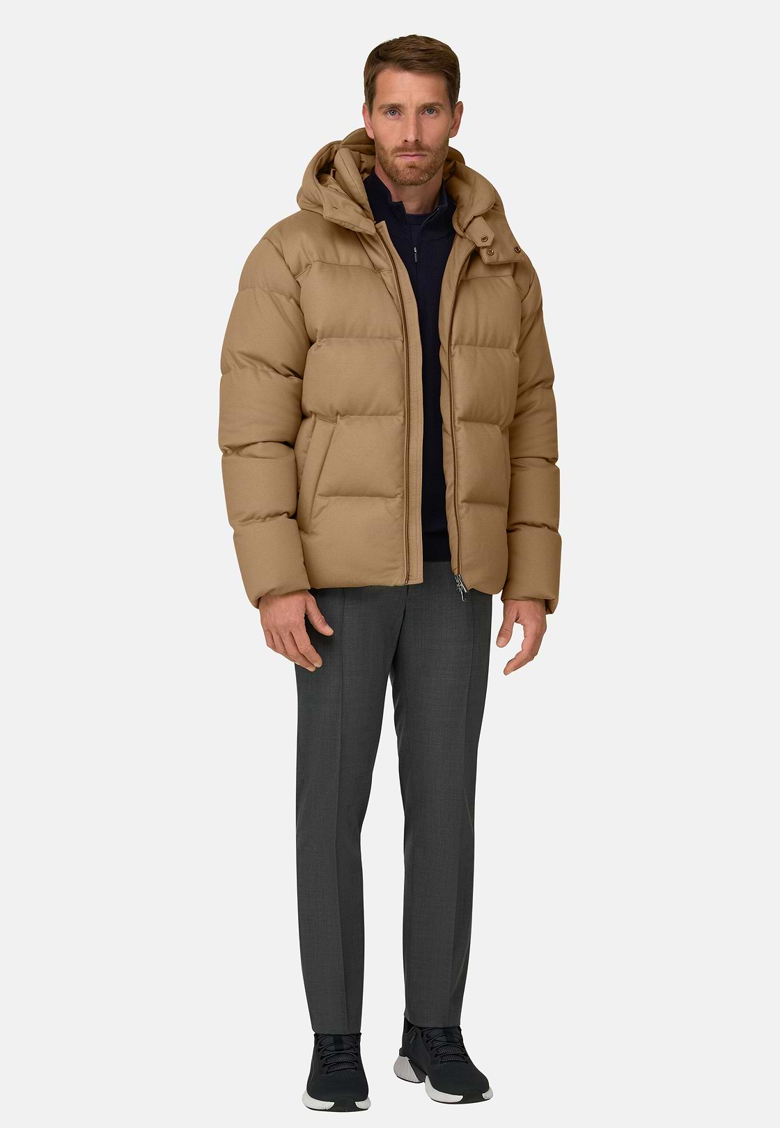 Bomber in Wool Blend Padded with Goose Down, Camel, hi-res, 2