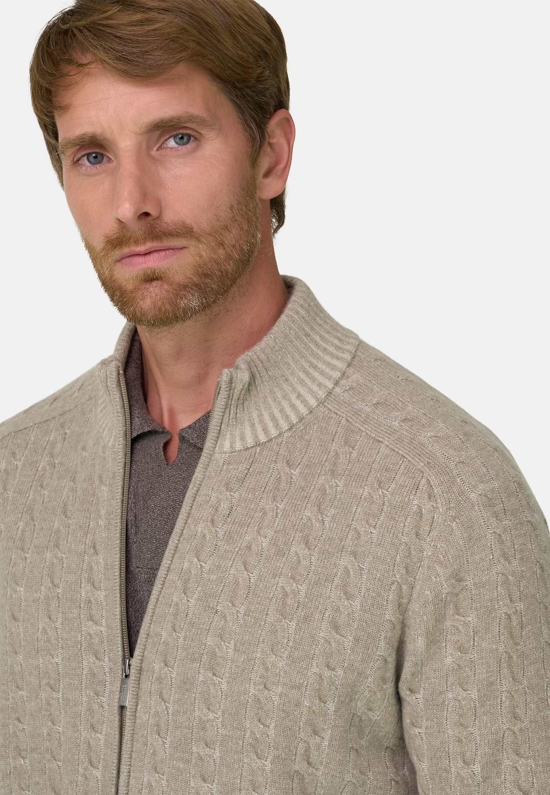 Roll Neck Jumper Full-Zip Cashmere Wool Plated, Beige, hi-res, 3