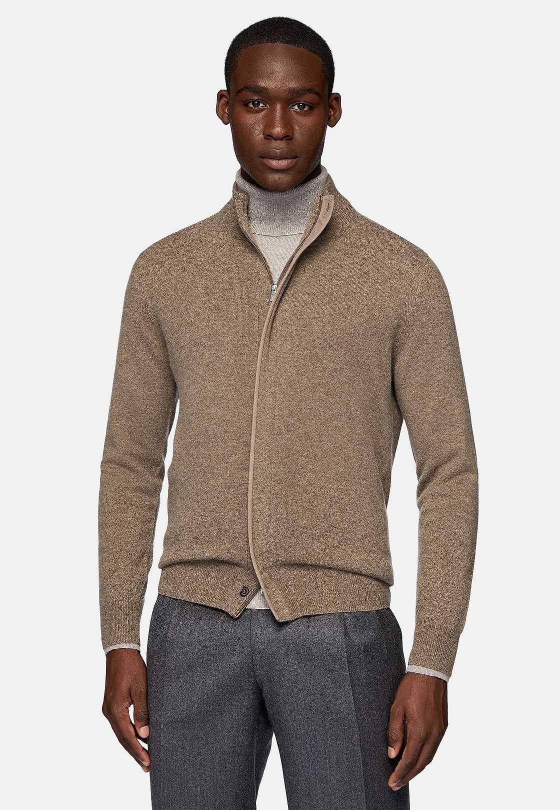 Pull Full Zip Marron En Laine Cachemire, Marron, hi-res