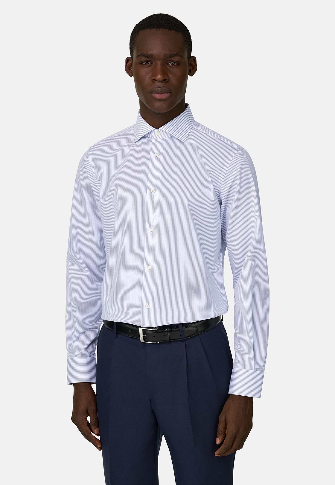 Camicia A Righe In Cotone Slim Fit, Azzurro, hi-res, 1