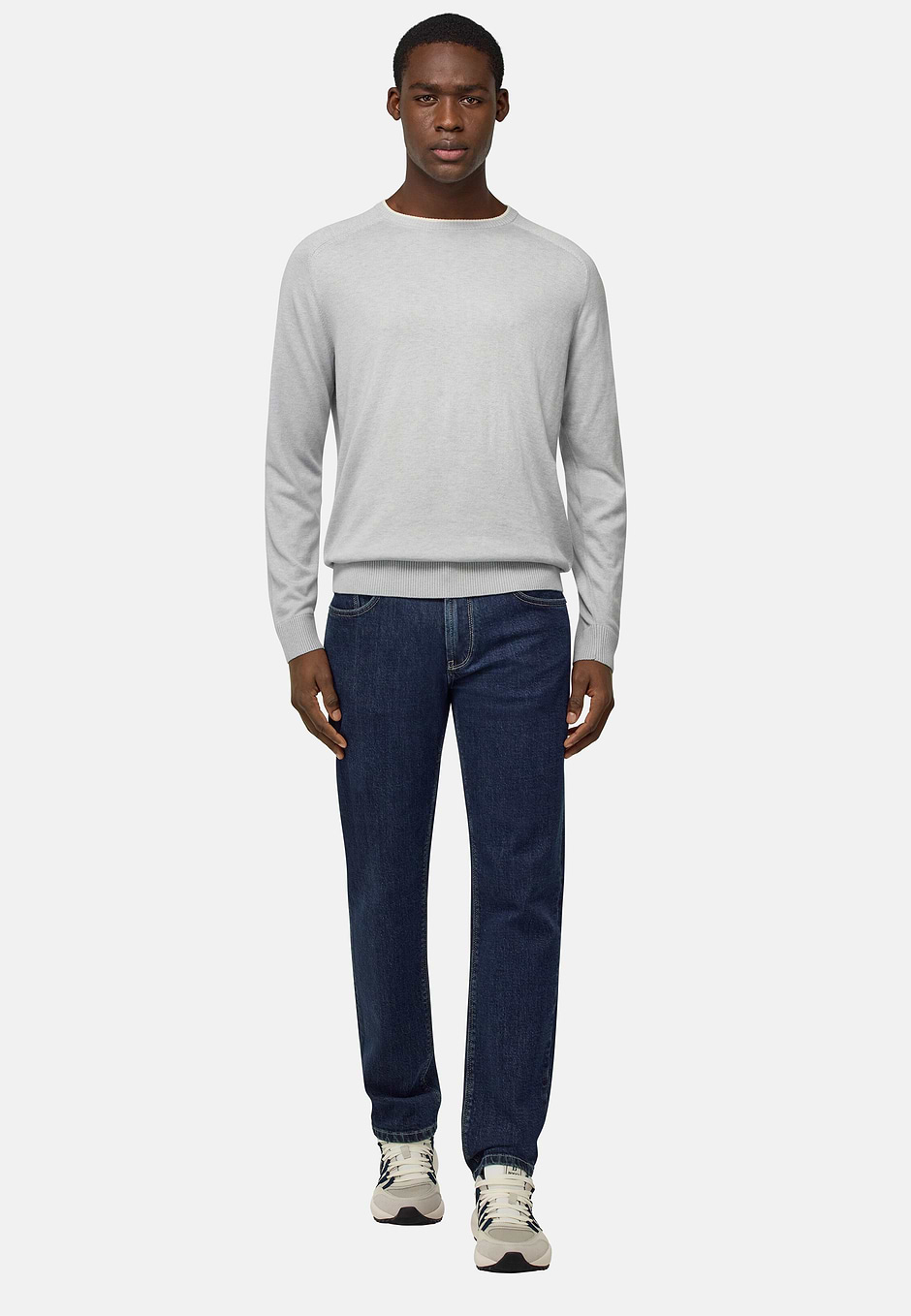 Cotton, Silk and Cashmere Crew Neck Jumper, Ice, hi-res