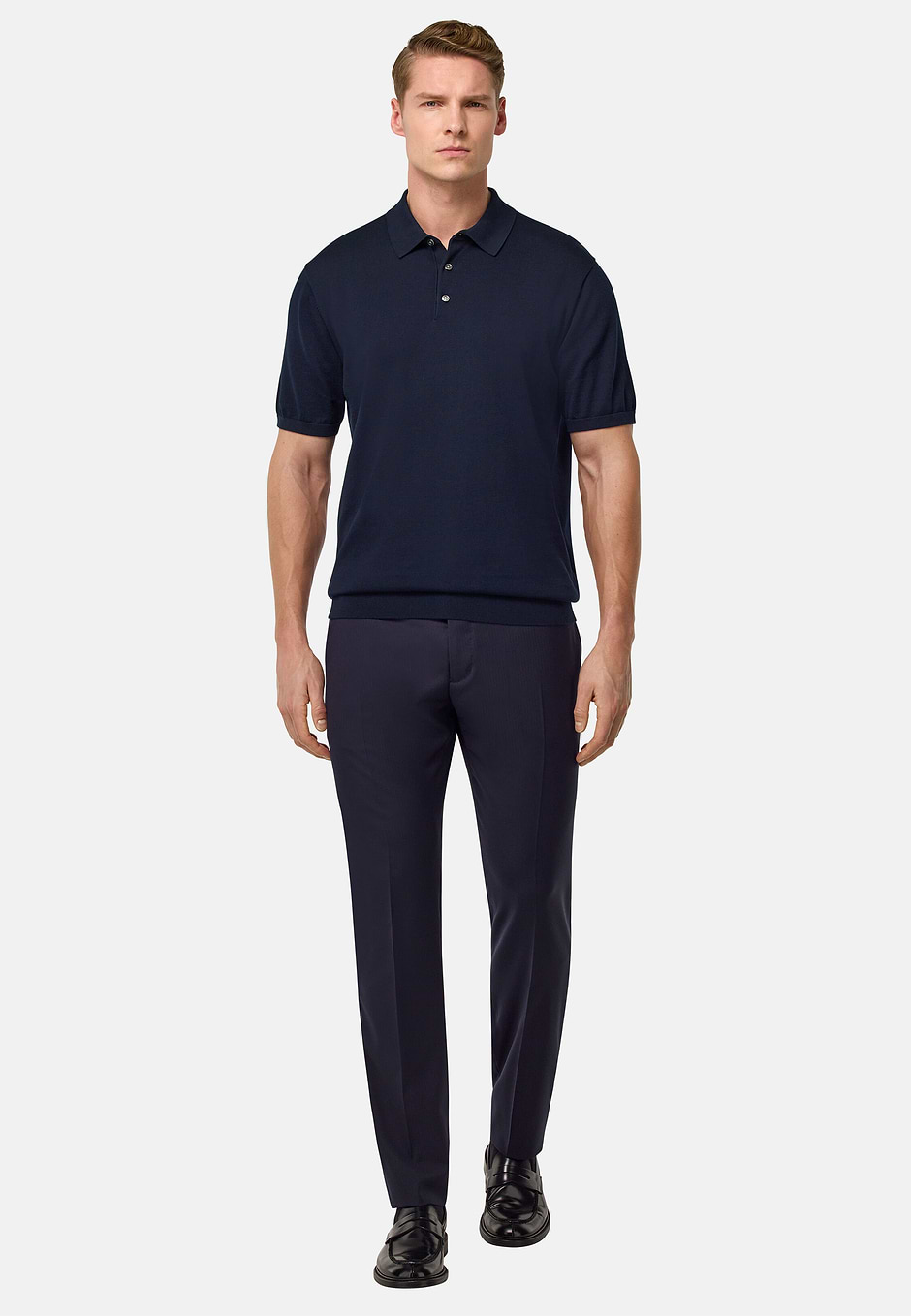Cotton and Silk Knitted Polo Shirt, Navy blue, hi-res
