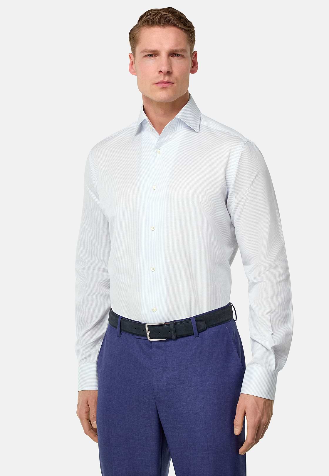 Camisa de corte regular de lino y algodón a rayas, Azul claro, hi-res, 2