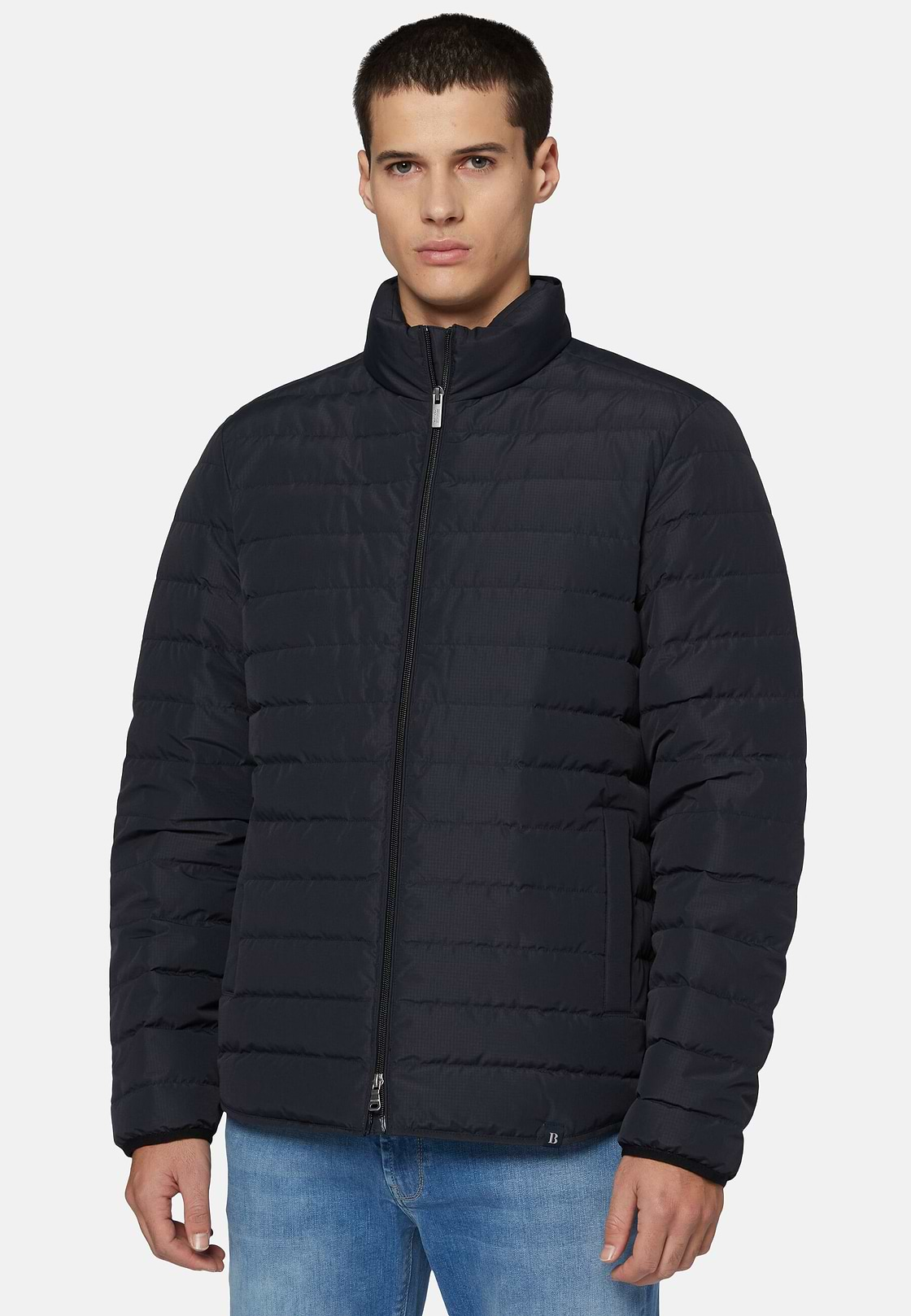 Quilted Nylon Real Down Bomber Style Sempione, Navy blue, hi-res