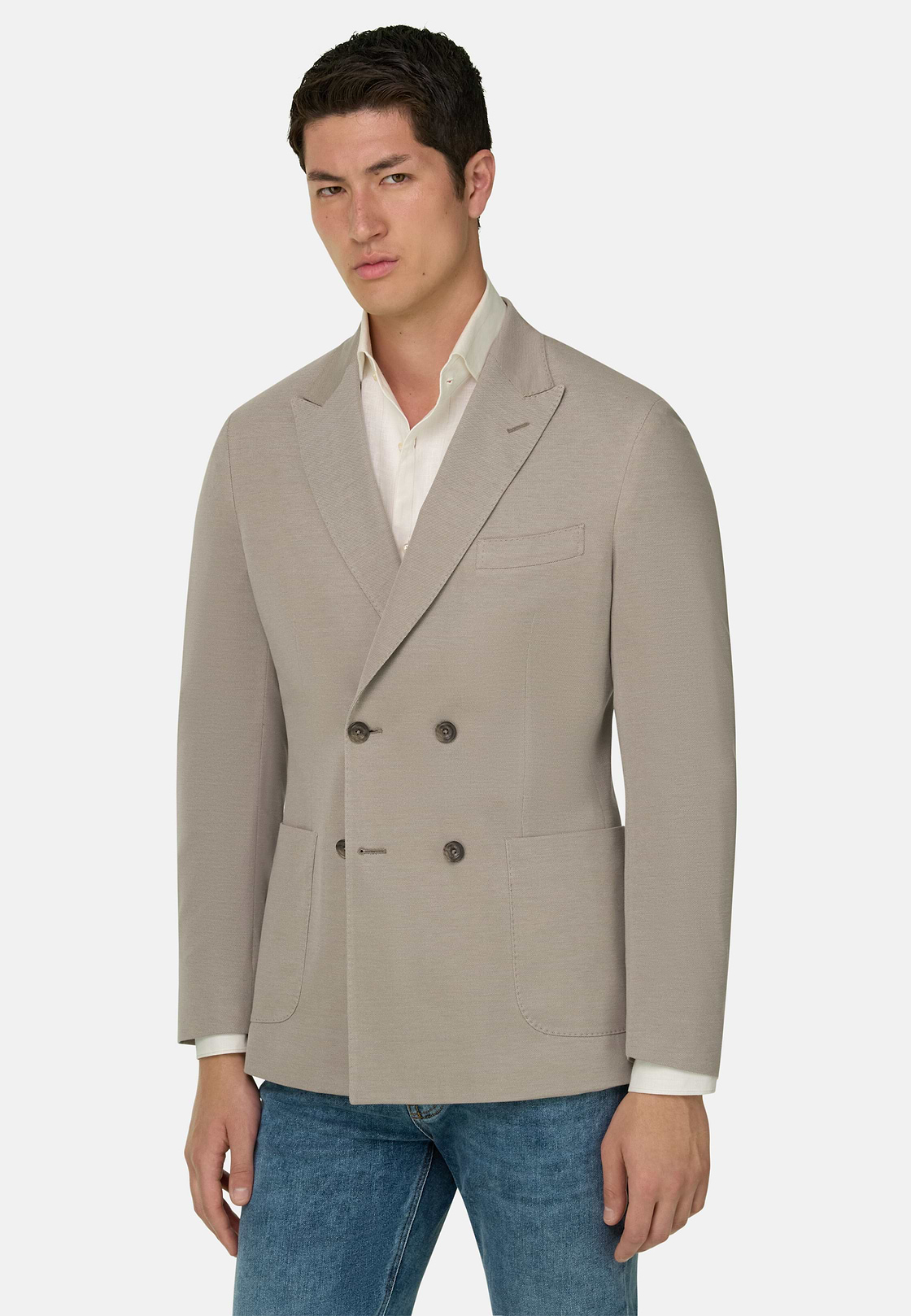 BROOKLYN | Micro Textured Double-Breasted Jacket in Pure Cotton, Taupe, hi-res, 1