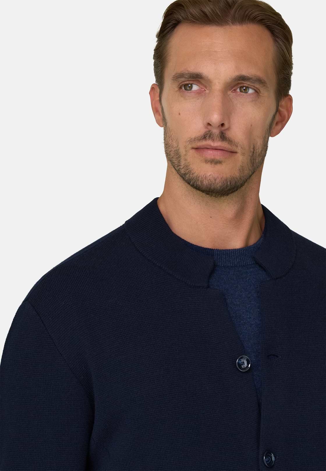Knitted Jacket in Superfine Merino Wool, Navy blue, hi-res, 3