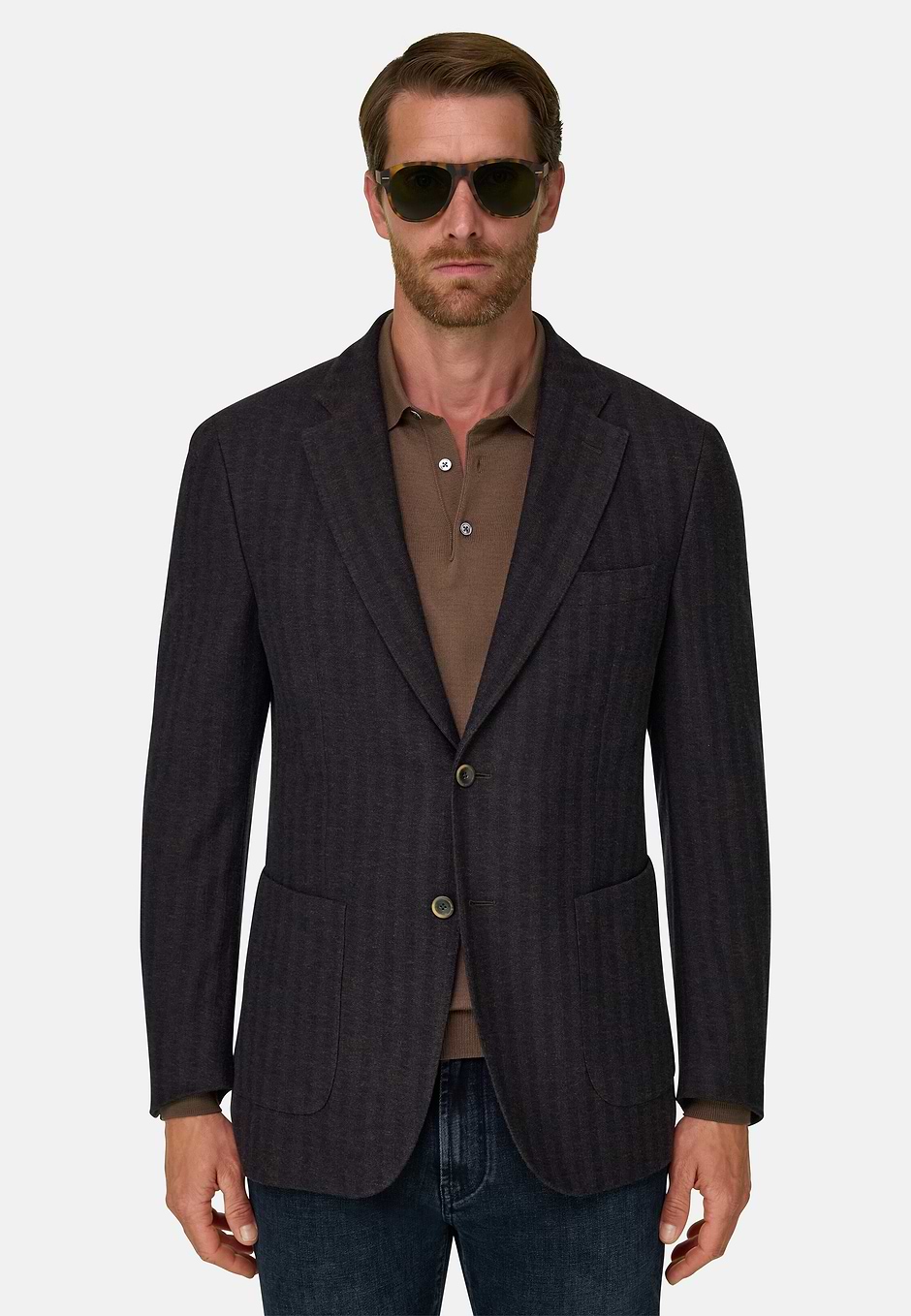 Blazer Herringbone in Cotton and Wool B Jersey, Dark brown, hi-res
