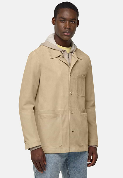 Giacca Camicia In Vera Pelle Scamosciata, Beige, hi-res
