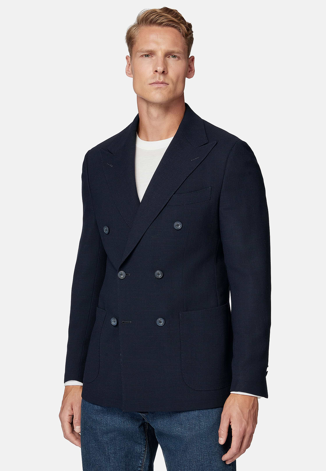 Giacca In Pura Lana Crepe, Navy, hi-res
