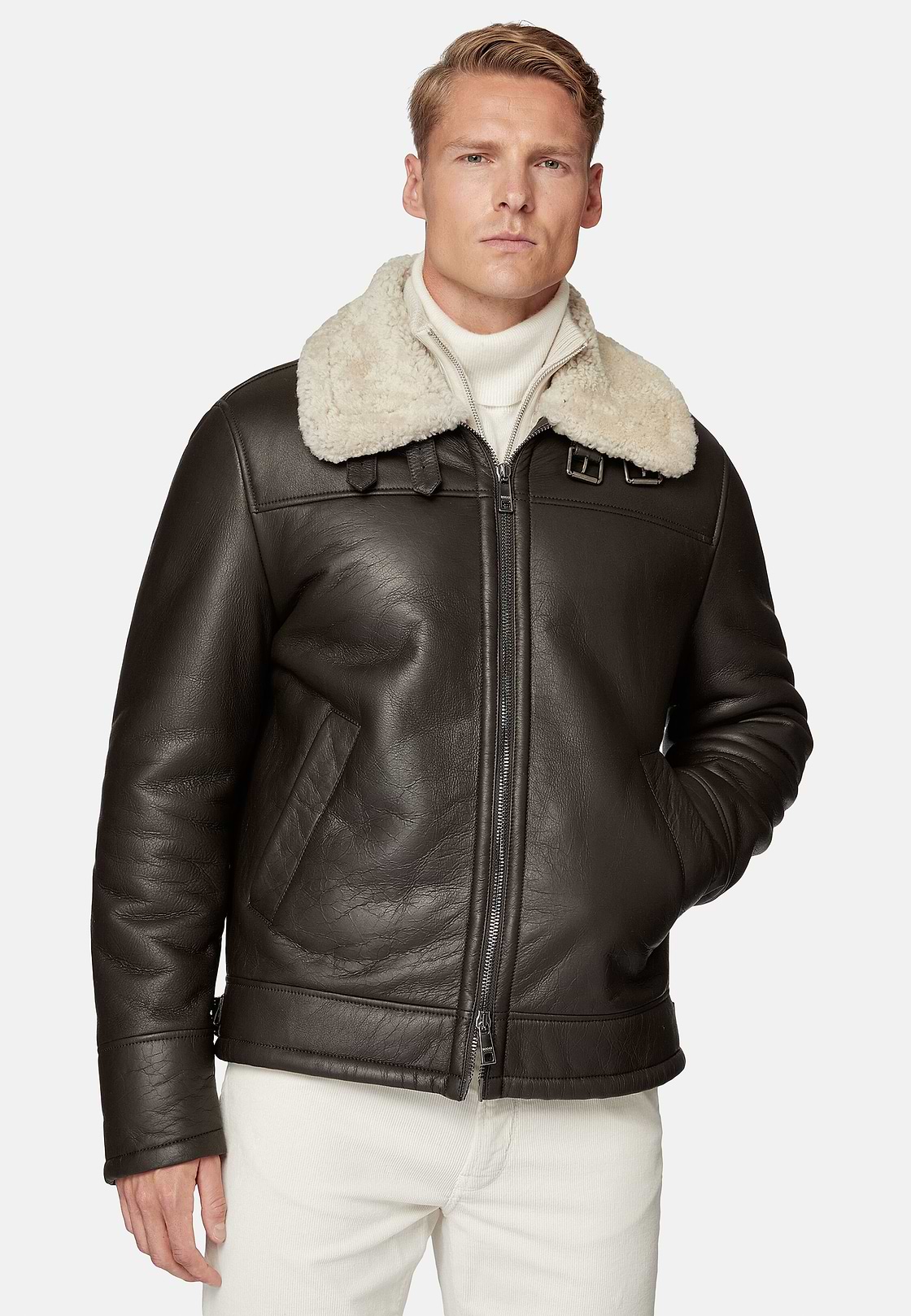 Bomberjacke Aus Echtleder Und Sherling, Braun, hi-res