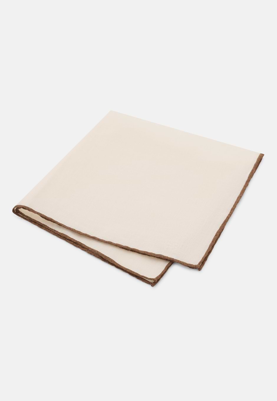 Linen Pocket Square With Contrasting Piping, White - Brown, hi-res