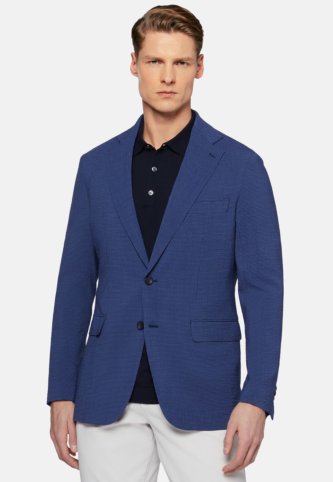 Veste Bleue En Laine Stretch Seersucker, Bleu, hi-res