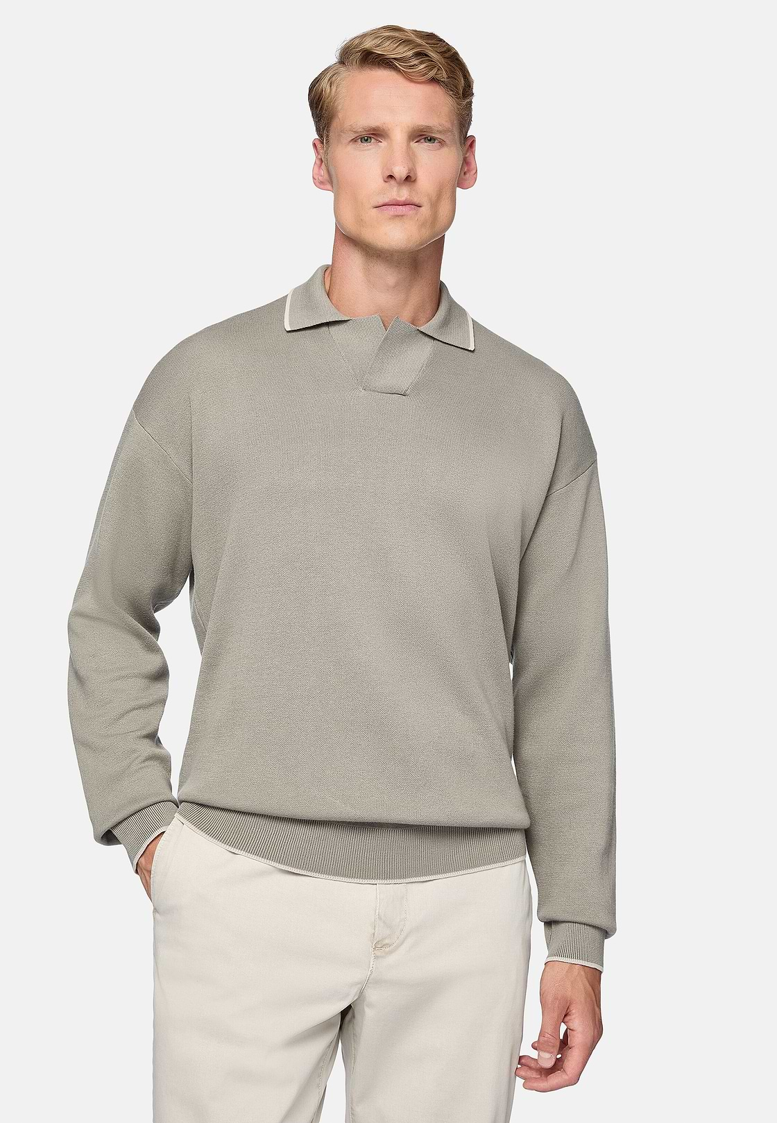 Taupefarbenes Poloshirt Mit V-Ausschnitt Aus Bio-Baumwolle, Taupe, hi-res