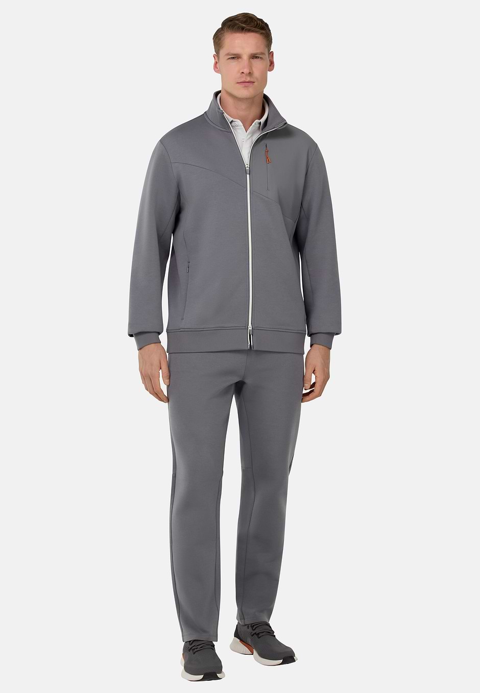 Full-Zip Hoodie In Lightweight Cotton Blend Scuba, Charcoal, hi-res