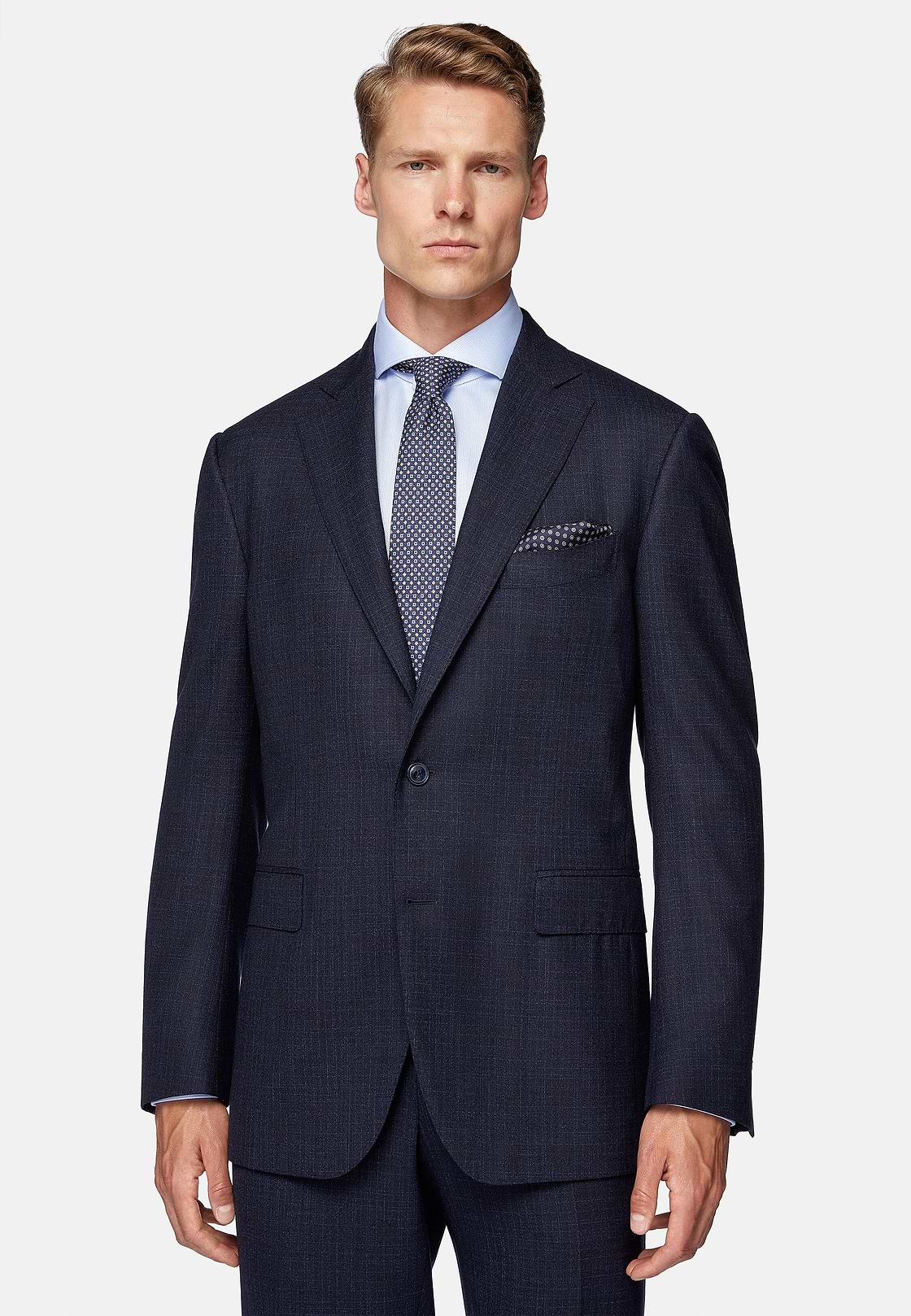 Navy Blue Micro Patterned Suit In Stretch Wool, Navy blue, hi-res