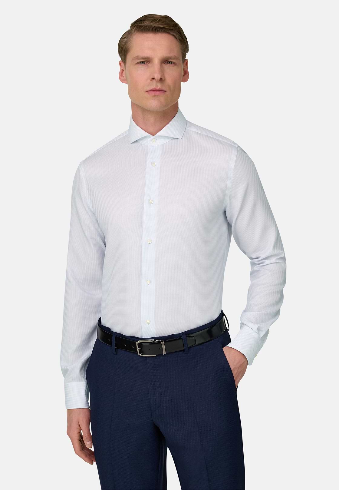 Slim Fit Checked Cotton Shirt, Light Blue, hi-res, 1