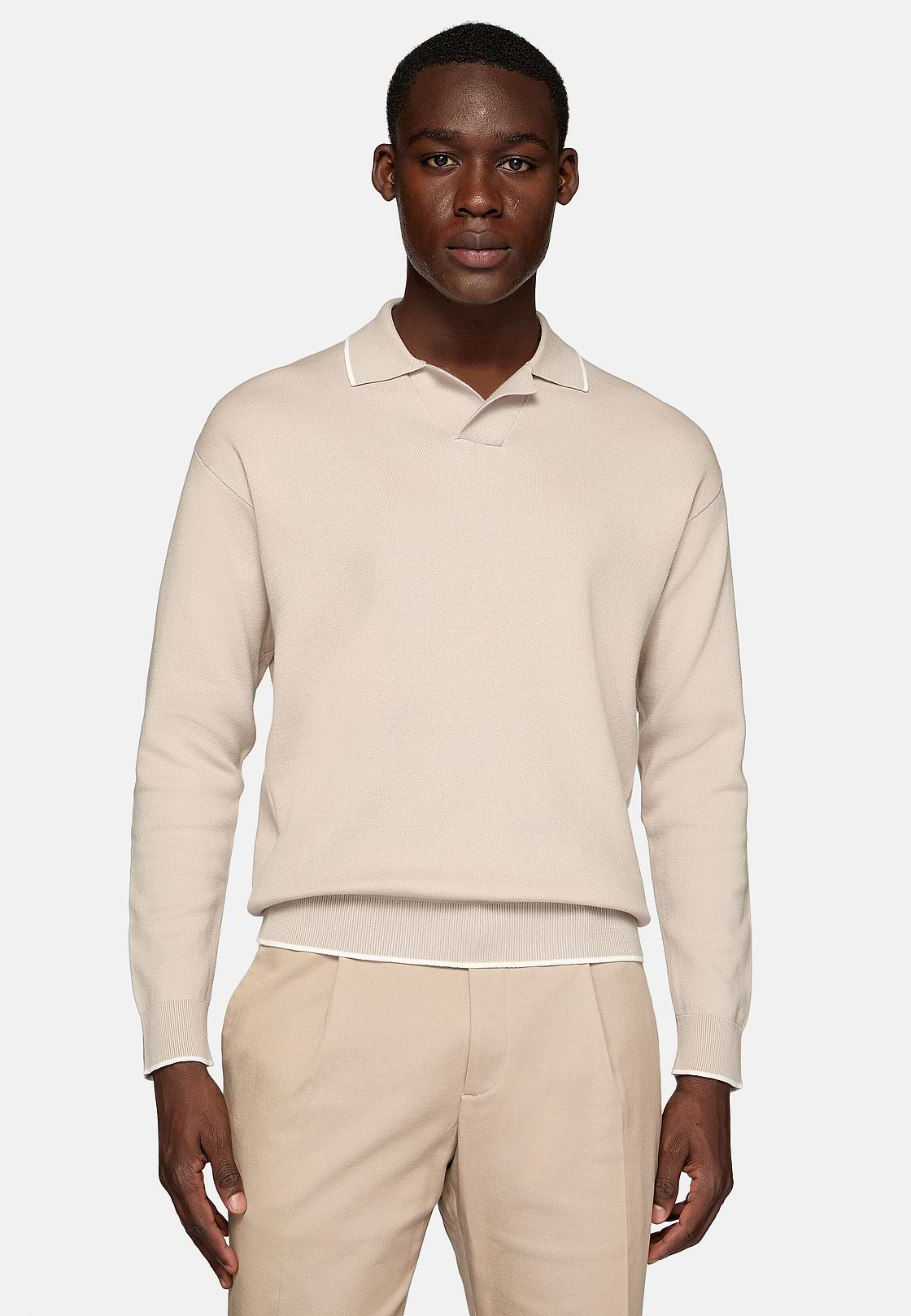 Taupe Polo Jumper In Organic Cotton And Nylon, Sand, hi-res