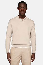 Taupe Polo Jumper In Organic Cotton And Nylon, Sand, hi-res