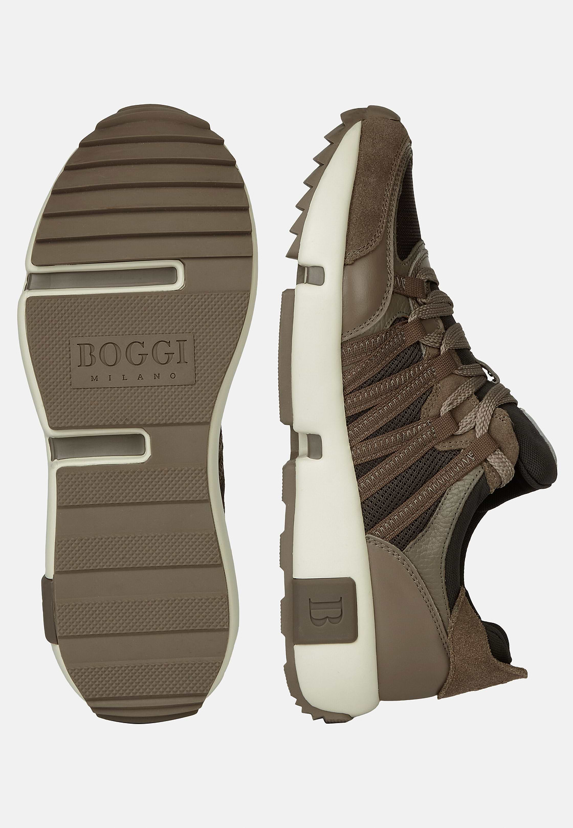 Technical Fabric and Leather Trainers, Taupe, hi-res