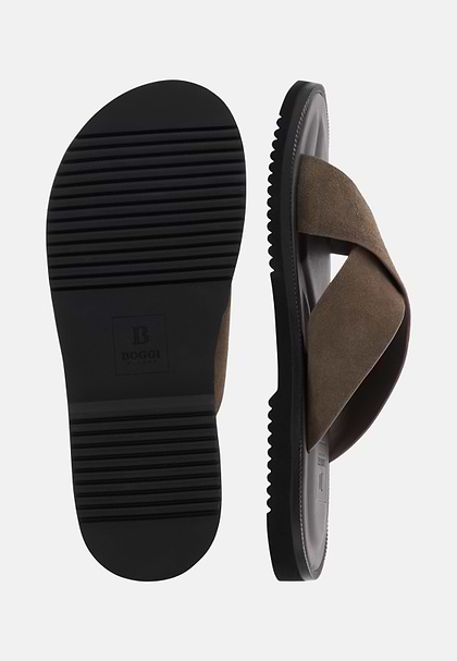 Suede Leather Slippers, Taupe, hi-res